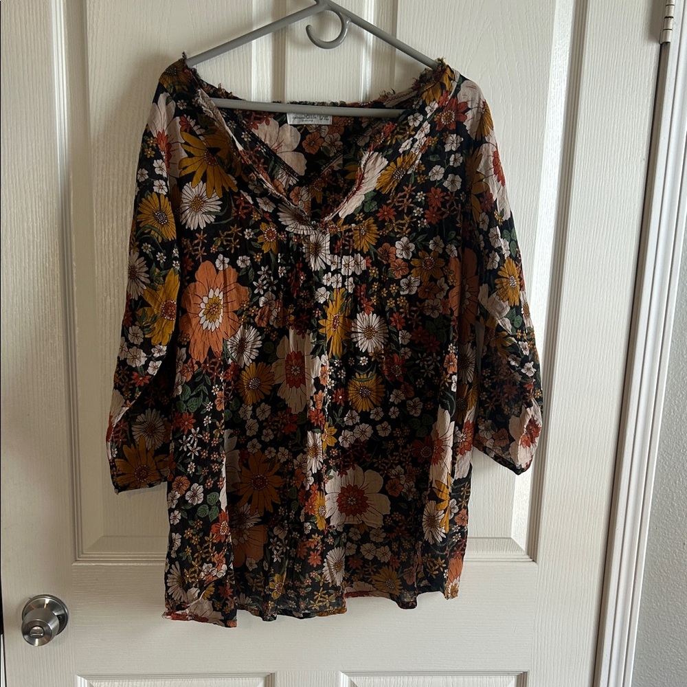 NATURAL LIFE Floral Blouse - Black, Orange, and White
